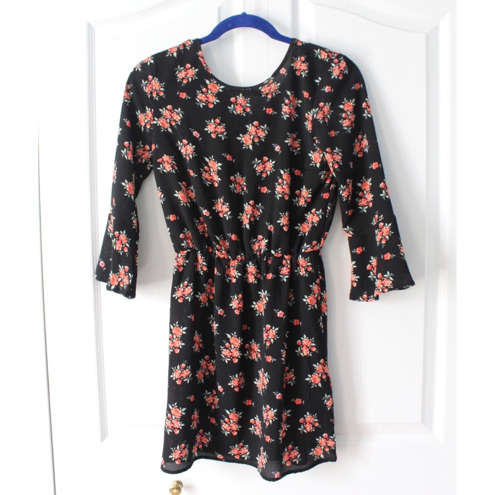 Black Dress with Floral Pattern with Sleeves | Floral Dress | Flower Dress